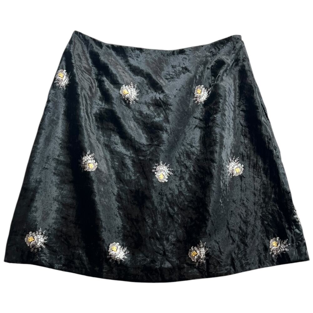 Vintage 90s Banana Republic Black Velvet Floral Print Skirt A-line Mini - 8
